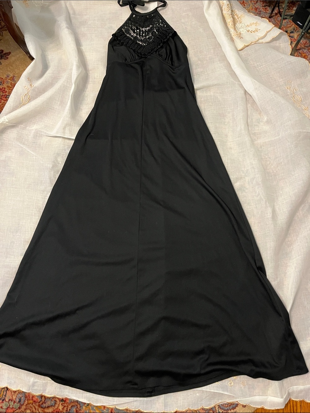 Vintage 1970s Black Halter Maxi Dress with embroidered neck Yoke